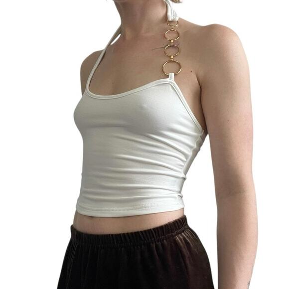 SHEIN White One Shoulder Gold Chain Strap Halter Neck Cropped Top - Picture 2 of 8